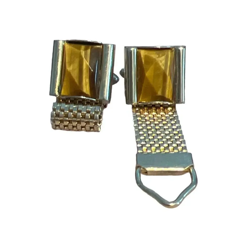 Vintage Tiger’s Eye Wrap Around Mesh Square Goldtone Cufflinks